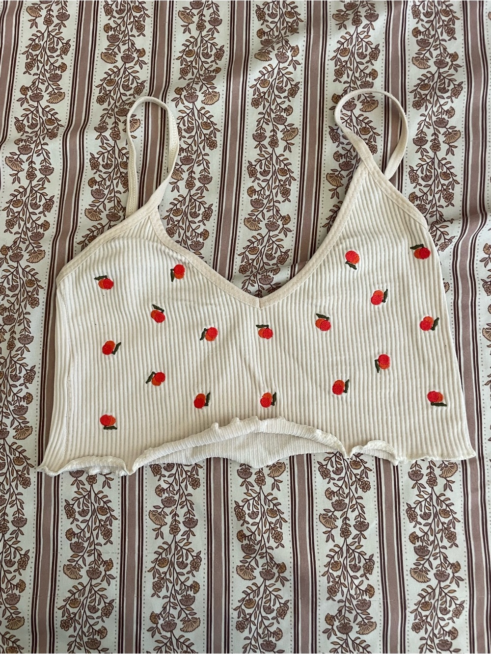 Urban Outfitters Cream Ribbed Cami with Red Strawberry Embroidery